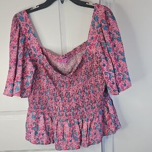 Simply‎ Southern Floral Pink and Blue Smocked Women's Top Size XXL